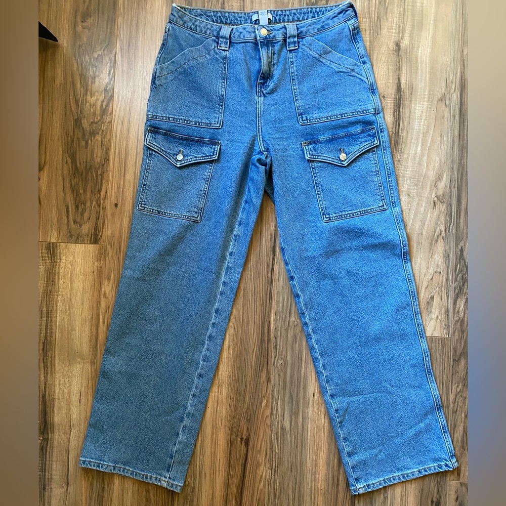 Mid rise straight leg utility style jeans